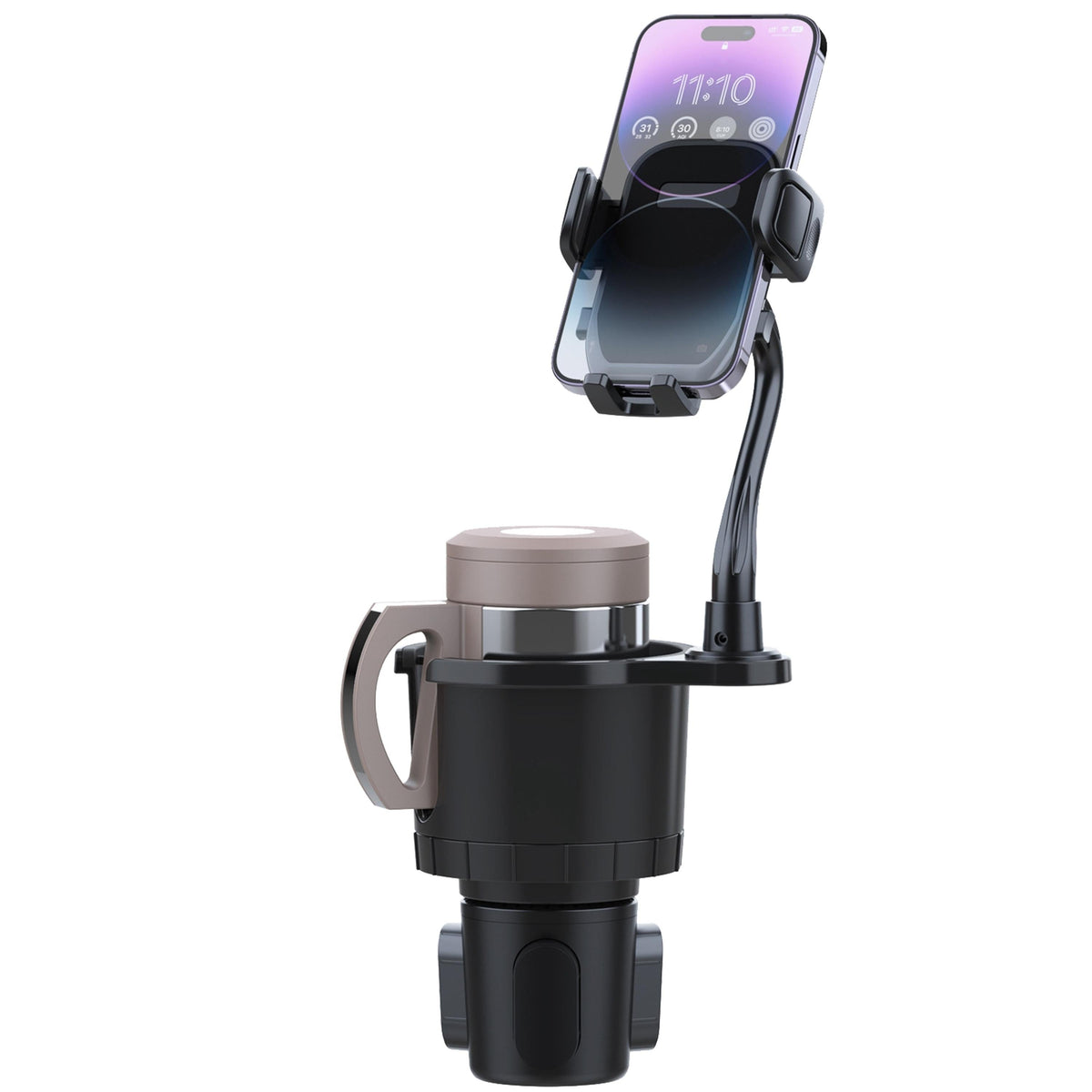 2-in-1 Car Cup Holder & Phone Mount – 360° Gooseneck, Adjustable Base for Most Phones & Cups