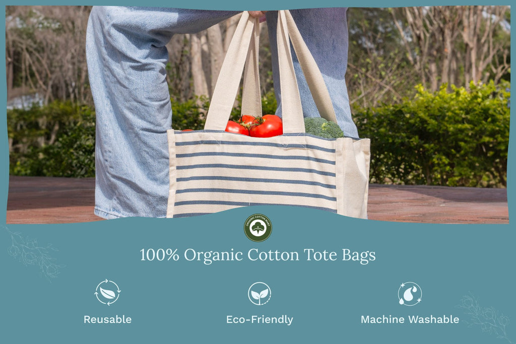 Organic Cotton Canvas Grocery Tote Bag – Reusable with 6 Bottle Sleeves